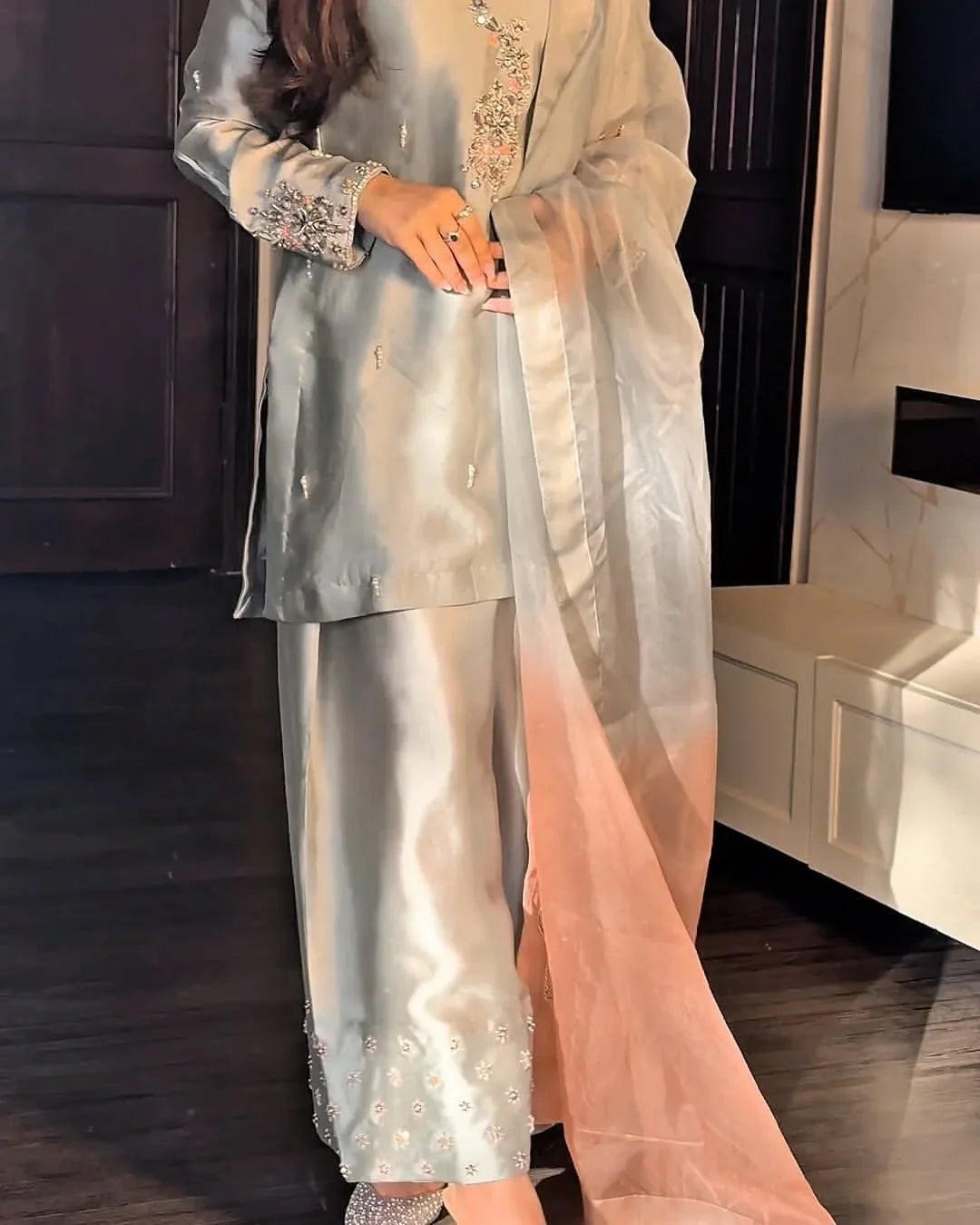 Powder Blue Sequin Suit with Dual-Tone Dupatta