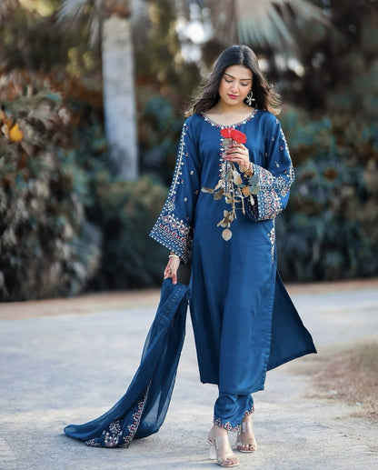 Teal Blue Embroidered Suit with Dupatta