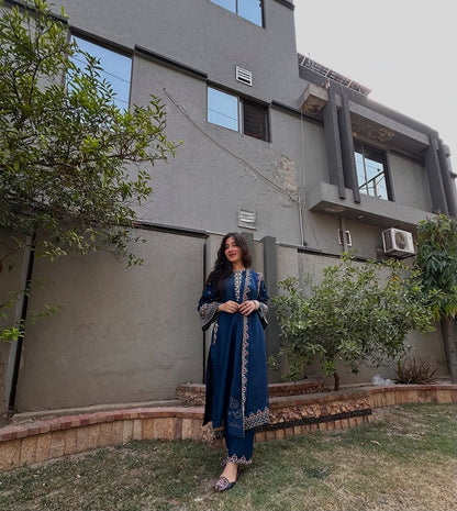 Teal Blue Embroidered Suit with Dupatta