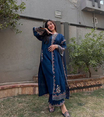 Teal Blue Embroidered Suit with Dupatta