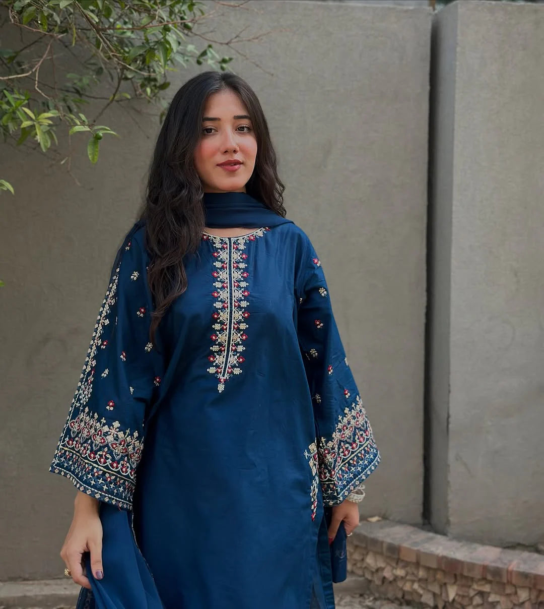 Teal Blue Embroidered Suit with Dupatta