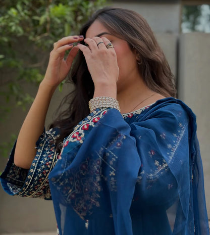 Teal Blue Embroidered Suit with Dupatta