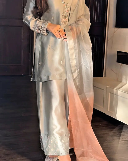 Powder Blue Sequin Suit with Dual-Tone Dupatta