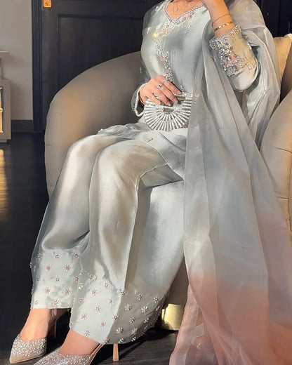 Powder Blue Sequin Suit with Dual-Tone Dupatta