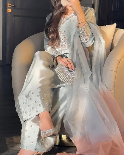 Powder Blue Sequin Suit with Dual-Tone Dupatta